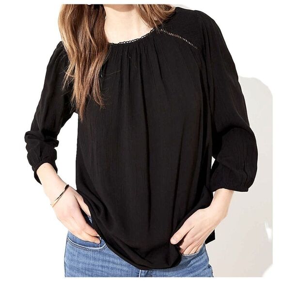 LOFT Tops - LOFT Black Lacy Cutout Mixed Media Peasant Top SMALL